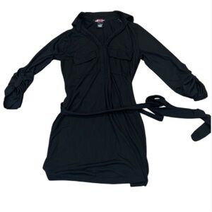 Body Central Long Tunic Top w/Belt Collar Pockets Black Size Small